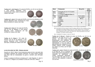 Tostões de D. João Regente: Em prata de 916,6‰ com 22 mm de diâmetro        Metal        Designação                                             Marquilha              Valor
e   3,06    gramas.   Marquilha   LXXX.                                                                                                                               (Reais)
Conhecem-se 3 tipos, todos cunhados em                                      Ouro         Português de ouro-10 Cruzados                                                 4.000
Lisboa e sem data.                                                          989,9        Cruzado (1)                                                                    400
                                                                            ‰            ¼ Cruzado-Tostão de Ouro (2)                                                   100
                                                                            Prata        Português de prata                                   X-10 vinténs              200
                                                                            916,6        Tostão                                               V-5 vinténs               100
                                                                            ‰            Vintém                                                  XX (3)                  20
Tostões de D. João VI: Em prata de 916,6‰ com 22 mm de diâmetro e 3,06
                                                                                         ½ Vintém                                                                        10
gramas. Marquilha LXXX. Conhecem-se 3 tipos,
                                                                                         Cinquinho                                                                        5
todos cunhados em Lisboa e sem data.
                                                                            Cobre        Real                                                         R                   1
                                                                                         ½ Real                                                                         1/2
                                                                                         Ceitil                                                                         1/6
                                                                              (1)   No início do reinado valia 390 Reais Brancos. Em 1517 passou a valer 400 Reais.
Tostões de D. Pedro IV: Em prata de 916,6‰                                    (2)   Esta moeda só existe nas crónicas e nunca foi cunhada sendo que os dois exemplares no Museu
com 22 mm de diâmetro e 3,06 gramas.                                                Numismático são moedas de fantasia: Quarto de Cruzado, Moeda de ouro, do tamanho de
Marquilha LXXX. Conhece-se um tipo,                                                 hum Vintém, lavrou-a ElRey D. Manoel depois da morte da Rainha D. Maria ſua mulher, e a
                                                                                    trazia na bolſa para dar aos pobres; valia 100 réis.(In “Historia genealógica da Casa Real
cunhado em Lisboa e sem data.                                                       Portugueza” de António Caetano de Sousa).
                                                                              (3)   A marquilha XX só aparece a partir de D. João III.

                                                                           Tostões de D. Manuel I: Moeda em prata de 916,6‰ com 28 mm de
                                                                           diâmetro e um peso de 9,3 a 10
Tostões de D. Miguel I: Em prata de
                                                                           gramas.     Na frente quase todas
916,6‰ com 22 mm de diâmetro e 3,06                                        apresentavam uma marquilha, V,
gramas. Marquilha LXXX. Conhecem-se                                        significando cinco vinténs. No verso
dois tipos, cunhados em Lisboa e sem data.                                 apresentavam a Cruz de Cristo e,
                                                                           pela primeira vez, a legenda IN HOC
                                                                           SIGNO VINCES. Foram cunhados
                                                                           em Lisboa e no Porto, com 67 tipos
                                                                           diferentes.

Lei de 24 de Abril de 1935 – Sistema decimal                               Tostões de D. João III: Moeda em prata de 916,6‰ com 30 mm de diâmetro
                                                                           e um peso de 9,3 a 10 gramas. Na
Quando em 1834 D. Maria II toma finalmente posse do trono, para além das   frente quase todas apresentavam uma
cunhagens regulares dos reinados anteriores, há muita moeda cunhada        marquilha, V, significando cinco
para fazer face às necessidades da guerra e também para afirmação          vinténs. Inicialmente ostentavam a
política.                                                                  Cruz de Cristo mas, pela Lei de 10 de
Correm os patacos de Bronze cunhados por D. João Regente, D. João VI,      Julho de 1555, passaram a ostentar a
D. Pedro IV, D. Miguel e os cunhados no Porto em nome de D. Maria II.      Cruz de Avis.
                                                                Pág. 10                                                                                                Pag. 3
 