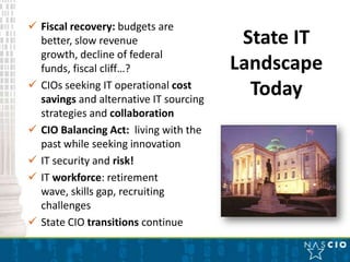  Fiscal recovery: budgets are
  better, slow revenue                   State IT
  growth, decline of federal
  funds, fiscal cliff…?                 Landscape
 CIOs seeking IT operational cost
  savings and alternative IT sourcing
                                          Today
  strategies and collaboration
 CIO Balancing Act: living with the
  past while seeking innovation
 IT security and risk!
 IT workforce: retirement
  wave, skills gap, recruiting
  challenges
 State CIO transitions continue
 