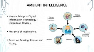 AMBIENT INTELLIGENCE
• Human Beings + Digital
Information Technology +
Ubiquitous Devices.
• Presence of Intelligence.
• Based on Sensing, Reason and
Acting.
 