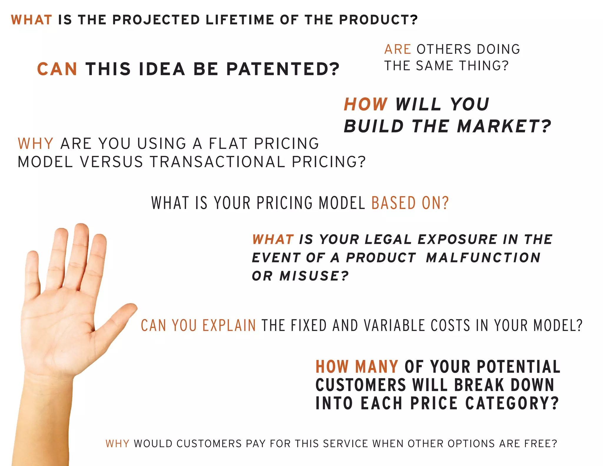 What is the projected lifetime of the product?
Can you Explain the fixed and variable costs in your model?
What is your legal exposure in the
event of a product malfunction
or misuse?
can this idea be patented?
How will you
build the market?
What is your pricing model based on?
How many of your potential
customers will break down
into each price category?
Why are you using a flat pricing
model versus transactional pricing?
Are others doing
the same thing?
Why would customers pay for this service when other options are free?
 