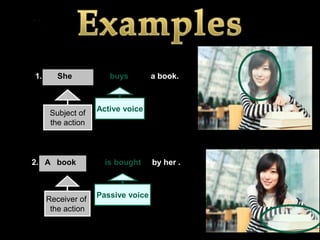 1.      She           buys         a book.



                   Active voice
      Subject of
      the action



2. A book            is bought     by her .



                   Passive voice
     Receiver of
      the action
 