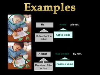 He              wrote      a letter.



                  Active voice
 Subject of the
    action




   A letter       was written     by him.



                  Passive voice
Receiver of the
   action
 