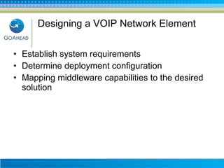 Designing a VOIP Network Element Establish system requirements Determine deployment configuration Mapping middleware capabilities to the desired solution 