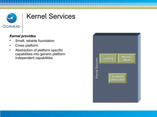 Kernel Services Kernel provides Small, reliable foundation Cross platform Abstraction of platform specific capabilities into generic platform independent capabilities Kernel Services Hardware abstraction Loading Memory Mgmt 