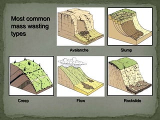 Most common
mass wasting
types
Avalanche

Creep

Flow

Slump

Rockslide

 
