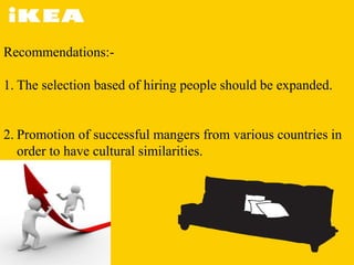 Recommendations:-
1. The selection based of hiring people should be expanded.
2. Promotion of successful mangers from various countries in
order to have cultural similarities.
 