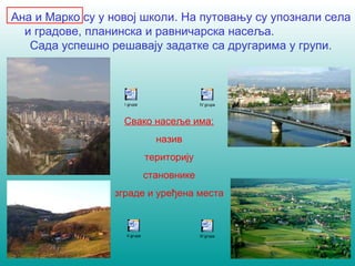 Ана и Марко су у новој школи. На путовању су упознали села 
и градове, планинска и равничарска насеља. 
Сада успешно решавају задатке са другарима у групи. 
I grupa 
IV grupa 
Свако насеље има: 
назив 
територију 
становнике 
зграде и уређена места 
II grupa III grupa 
 
