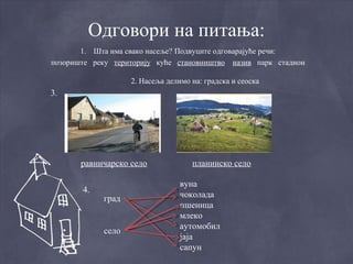Одговори на питања:
       1. Шта има свако насеље? Подвуците одговарајуће речи:
позориште реку територију куће становништво назив парк стадион

                   2. Насеља делимо на: градска и сеоска
3.




       равничарско село             планинско село

                                 вуна
       4.
            град                 чоколада
                                 пшеница
                                 млеко
                                 аутомобил
            село
                                 јаја
                                 сапун
 