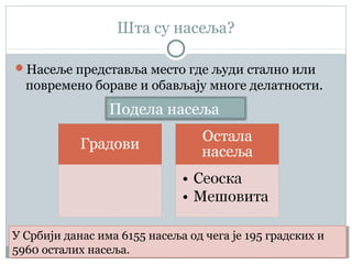 Шта су насеља?
Насеље представља место где људи стално или
повремено бораве и обављају многе делатности.
Подела насеља
У Србији данас има 6155 насеља од чега је 195 градских и
5960 осталих насеља.
У Србији данас има 6155 насеља од чега је 195 градских и
5960 осталих насеља.
 