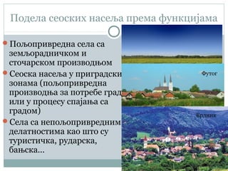 Подела сеоских насеља према функцијама
Пољопривредна села са
земљорадничком и
сточарском производњом
Сеоска насеља у приградским
зонама (пољопривредна
производња за потребе града
или у процесу спајања са
градом)
Села са непољопривредним
делатностима као што су
туристичка, рударска,
бањска...
Футог
Врдник
 