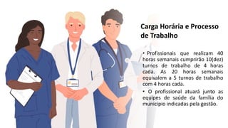 • Profissionais que realizam 40
horas semanais cumprirão 10(dez)
turnos de trabalho de 4 horas
cada. As 20 horas semanais
equivalem a 5 turnos de trabalho
com 4 horas cada.
• O profissional atuará junto as
equipes de saúde da família do
município indicadas pela gestão.
Carga Horária e Processo
de Trabalho
 