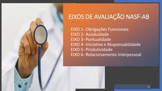 EIXO 1- Obrigações Funcionais
EIXO 2- Assiduidade
EIXO 3- Pontualidade
EIXO 4- Iniciativa e Responsabilidade
EIXO 5- Produtividade
EIXO 6- Relacionamento Interpessoal
23
EIXOS DE AVALIAÇÃO NASF-AB
 