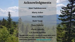 Matt Vadeboncoeur
Marty Acker
Mary Arthur
Ruth Yanai
Tony Federer
Chris Costello
U.S Forest Service
The MELNHE Project is ...