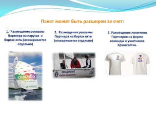 1. Размещения рекламы
Партнера на парусах и
бортах яхты (оговаривается
отдельно)
Пакет может быть расширен за счет:
3. Размещение логотипов
Партнеров на форме
команды и участников
Кругосветки.
2. Размещения рекламы
Партнера на бортах яхты
(оговаривается отдельно)
 