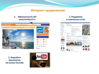1. Официальный сайт
www.familysail.ru
Интернет продвижение
2. Поддержка
в социальных сетях
2. Видеоблог
Кругосветки
На канале YouTube
 