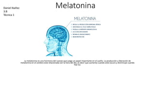Melatonina
Que es y para que sirve
La melatonina es una hormona del cuerpo que juega un papel importante en el sueño. La producción y liberación de
melatonina en el cerebro está relacionada con la hora del día, es decir que aumenta cuando está oscuro y disminuye cuando
hay luz.
Daniel Ibañez
3:B
Técnica 1
 