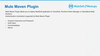 Mule Maven Plugin allows you to deploy MuleSoft application to CloudHub, Runtime Fabric Manager or Standalone Mule
Runtime.
Authentication mechanism supported by Mule Maven Plugin
- Anypoint Username and Password
- AuthToken
- ConnectedApps
- Server
Mule Maven Plugin
 