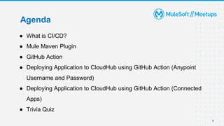 6
Agenda
● What is CI/CD?
● Mule Maven Plugin
● GitHub Action
● Deploying Application to CloudHub using GitHub Action (Anypoint
Username and Password)
● Deploying Application to CloudHub using GitHub Action (Connected
Apps)
● Trivia Quiz
 