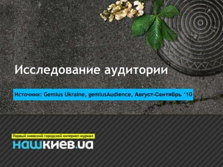 Исследование аудитории
Источник: Gemius Ukraine, gemiusAudience, Август-Сентябрь ‘10
 
