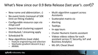 36
What’s	New	since	our	0.9	Beta	Release	(last	year’s	.conf)?
3
• New	name	and	abbreviation	;-)
• No	event	limits	(removal	of	50K	
limit	on	fitting	models)
• Configurable	resource	caps	via	
mlspl.conf
• Search	head	clustering	support
• Distributed	/	streaming	apply
• Scheduled	fit
• New	algorithms	(next	slide)
– Feature	engineering	and	selection
– Stochastic	gradient	descent	(e.g.)
– ARIMA
• Multi-algorithm	support	across	
Assistants
• Scatterplot	matrix	viz
• Alerting
• Tooltips
• In-app	tours
• Cluster	Numeric	Events	assistant
• Videos	videos	videos	for	each	
assistant	across	IT,	Security,	IoT and	
Business	Analytics
• ML-SPL	Cheat	Sheet
 
