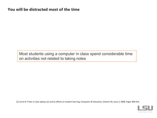 [1] Carrie B. Fried, In-class laptop use and its effects on student learning, Computers & Education, Volume 50, Issue 3, 2008, Pages 906-914,
Most students using a computer in class spend considerable time
on activities not related to taking notes
You will be distracted most of the time
 