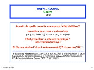 NASH & ALCOOL
Contre
(2/3)
A partir de quelle quantité commence l’effet délétère ?
La notion de « verre » est confuse 
(14...