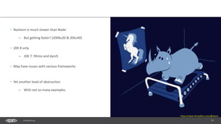 21CONFIDENTIAL
• Nashorn is much slower than Node
– But getting faster! (JDK8u20 & JDKu40)
• JDK 8 only
– JDK 7: Rhino and dynJS
• May have issues with various frameworks
• Yet another level of abstraction
– With not so many examples
https://www.threadless.com/@alanis
 