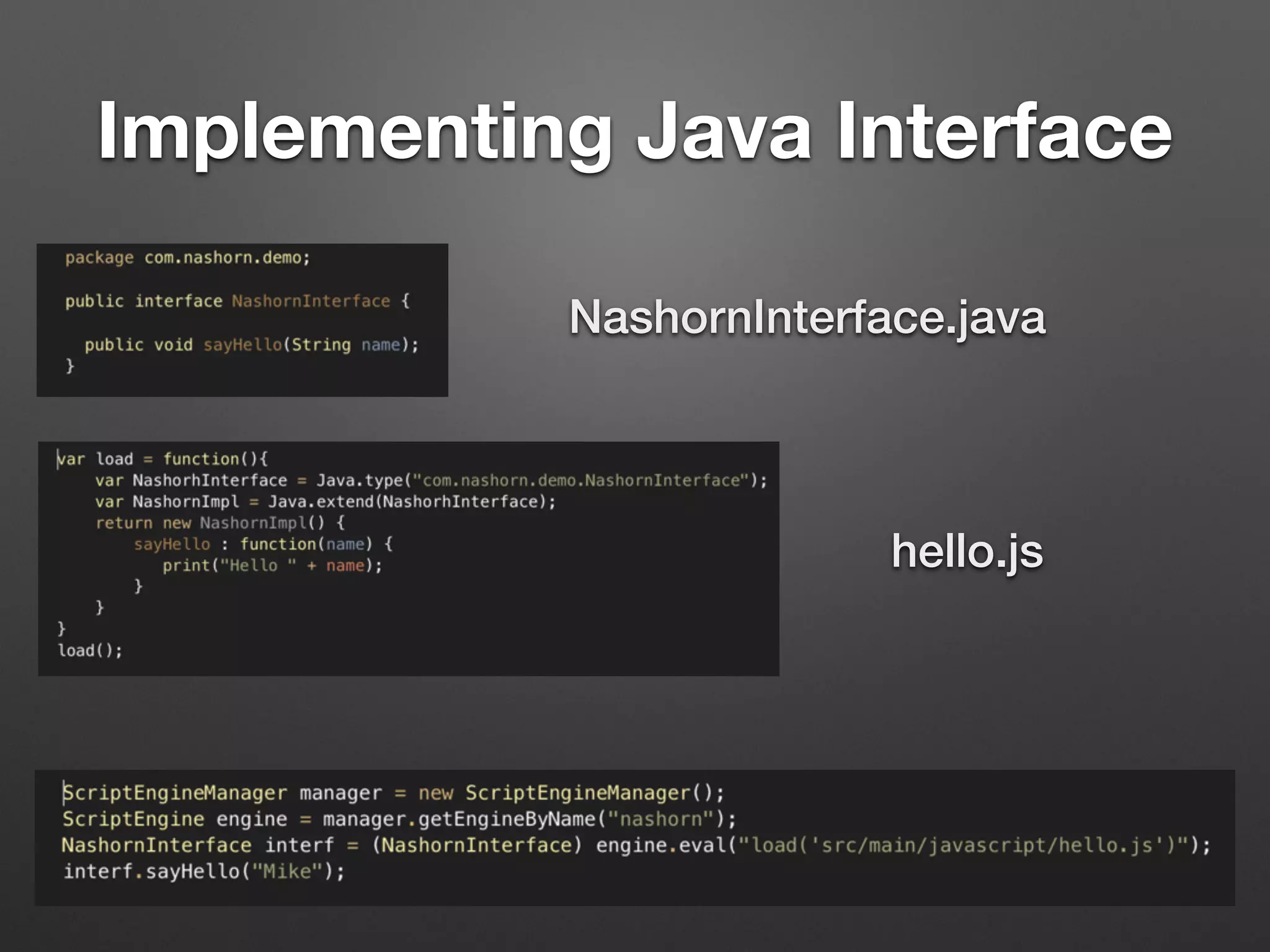 Implementing Java Interface
NashornInterface.java
hello.js
 