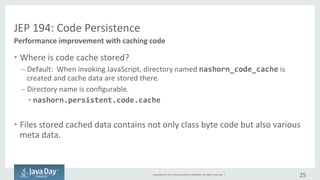 Copyright	©	2015, Oracle	and/or	its	affiliates.	All	rights	reserved.		|
JEP	194:	Code	Persistence
• Where	is	code	cache	stored?
– Default	:	When	invoking	JavaScript,	directory	named	nashorn_code_cache is	
created	and	cached	data	are	stored.
– Directory	name	is	configurable.
• nashorn.persistent.code.cache
• File	stored	cached	data	contains	not	only	class	byte	code	but	also	various	
metadata.
25
Optimistic	type	information	is	also	cached	to	disk
 