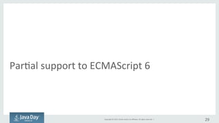 Copyright	©	2015, Oracle	and/or	its	affiliates.	All	rights	reserved.		|
Partial	support	for	ECMAScript	6
29
 