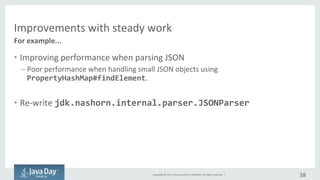 Copyright	©	2015, Oracle	and/or	its	affiliates.	All	rights	reserved.		|
Improve	with	steady	work
• Improve	performance	when	parsing	JSON
– Poor	performance	when	handling	small	JSON	objects	using	
PropertyHashMap#findElement
• Re-write	jdk.nashorn.internal.parser.JSONParser
38
For	example...
 