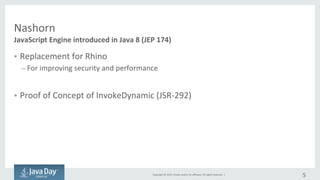 Copyright	©	2015, Oracle	and/or	its	affiliates.	All	rights	reserved.		|
Nashorn
• Replacement	for	Rhino
– For	improving	security	and	performance
• Proof	of	Concept	for	InvokeDynamic (JSR-292)
5
JavaScript	Engine	introduced	in	Java	8 (JEP	174)
 