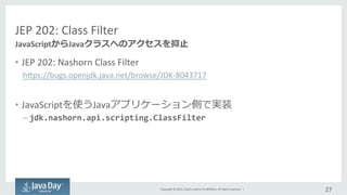 Copyright	
  ©	
  2015,	
  Oracle	
  and/or	
  its	
  aﬃliates.	
  All	
  rights	
  reserved.	
  	
  |	
  
JEP	
  202:	
  Class	
  Filter	
  
•  JEP	
  202:	
  Nashorn	
  Class	
  Filter	
  
hjps://bugs.openjdk.java.net/browse/JDK-­‐8043717	
  
•  JavaScriptを使うJavaアプリケーション側で実装	
  
– jdk.nashorn.api.scripting.ClassFilter	
  
27	
  
JavaScriptからJavaクラスへのアクセスを抑⽌止
 