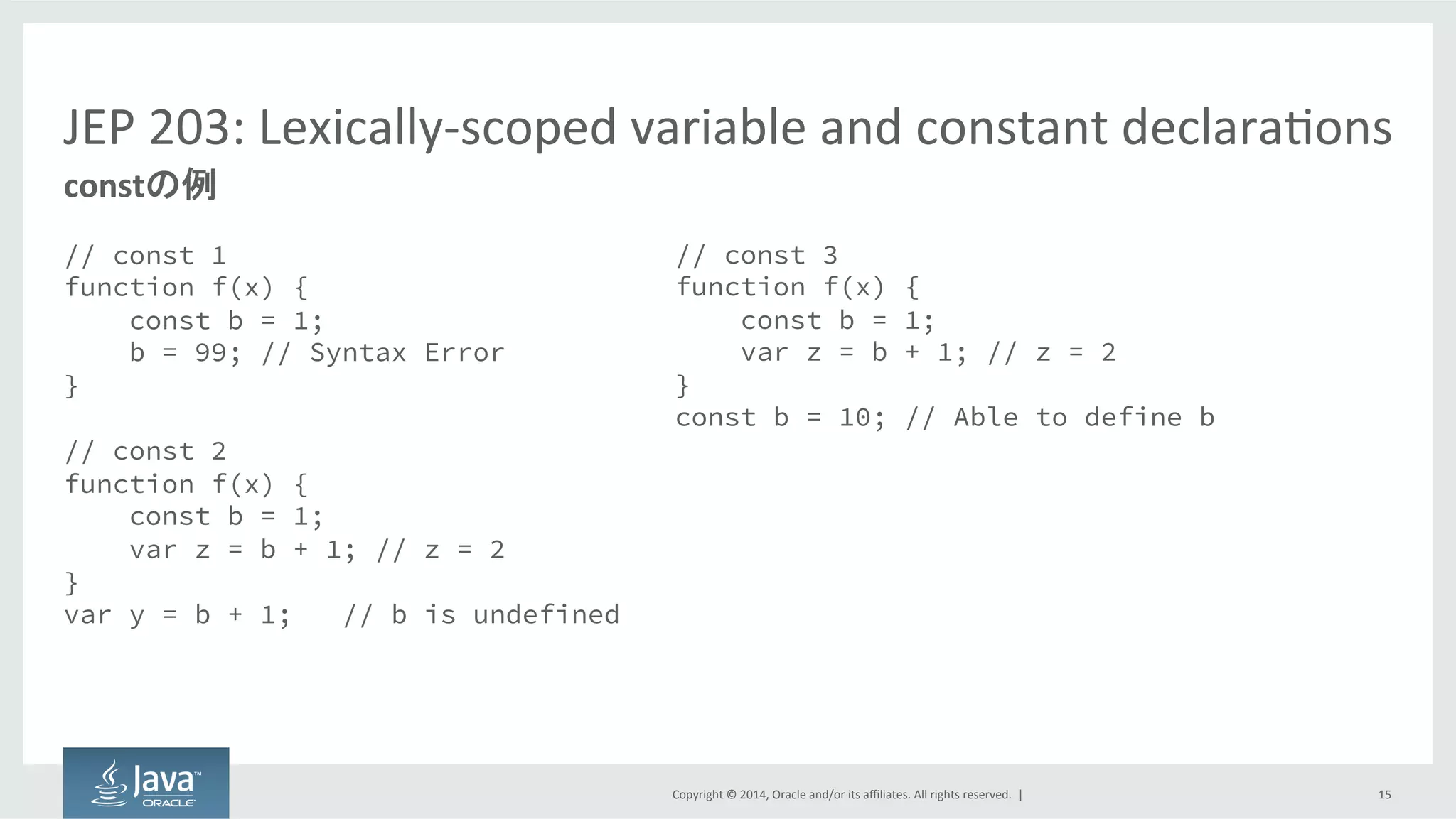 Copyright  ©  2014, Oracle  and/or  its  affiliates.  All  rights  reserved.    |
JEP  203:  Lexically-­‐scoped  variable  and  constant  declarations
// const 1
function f(x) {
const b = 1;
b = 99; // Syntax Error
}
// const 2
function f(x) {
const b = 1;
var z = b + 1; // z = 2
}
var y = b + 1; // b is undefined
15
constの例
// const 3
function f(x) {
const b = 1;
var z = b + 1; // z = 2
}
const b = 10; // Able to define b
 