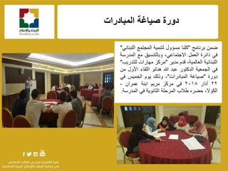 f
‫المبادرات‬ ‫صٌاغة‬ ‫دورة‬
‫ضمن‬‫برنامج‬"‫كلنا‬‫مسإول‬‫لتنمٌة‬‫المجتمع‬ً‫اللبنان‬"
ً‫ف‬‫دائرة‬‫العمل‬،ً‫االجتماع‬‫وبال‬‫تنسٌق‬‫مع‬‫المدرسة‬
‫اللبنانٌة‬،‫العالمٌة‬‫قدم‬‫مدٌر‬"‫مركز‬‫مهارات‬‫للتدرٌب‬"
ً‫ف‬‫الجمعٌة‬‫الدكتور‬‫عبد‬‫هللا‬‫هنانو‬‫اللقاء‬‫األول‬‫من‬
‫دورة‬"‫صٌاغة‬‫المبادرات‬"،‫وذلك‬‫ٌوم‬‫الخمٌس‬ً‫ف‬
ٕٕ‫آذار‬ٕٓٔ٨ً‫ف‬‫مركز‬‫مرٌم‬‫ابنة‬‫عمران‬-
،‫الكوال‬‫حضره‬‫طالب‬‫المرحلة‬‫الثانوٌة‬ً‫ف‬‫المدرسة‬.
 