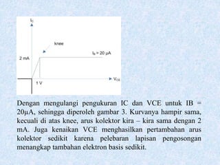 Dengan mengulangi pengukuran IC dan VCE untuk IB =
20µA, sehingga diperoleh gambar 3. Kurvanya hampir sama,
kecuali di atas knee, arus kolektor kira – kira sama dengan 2
mA. Juga kenaikan VCE menghasilkan pertambahan arus
kolektor sedikit karena pelebaran lapisan pengosongan
menangkap tambahan elektron basis sedikit.
 