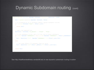 public function generate($params, $context = array(), $absolute = false)
{
$url = parent::generate($params, $context, false);
// if accessing by ip or different domain, bypass subdomain routing
if (!strstr($context['host'], $this->_root))
{
return $url;
}
// apply the required host
$protocol = $context['is_secure'] ? 'https' : 'http';
// if the subdomain is set, and is in our list of known subdomains
if (isset($params['subdomain']) && in_array($params['subdomain'], $this->_subdomains))
{
$url = $protocol.'://'. $params['subdomain'].'.'.$this->_root.$url;
}
else
{
// use class default if subdomain does not exist
$url = $protocol.'://'.$this->_default.'.'.$this->_root.$url;
}
return $url;
}
}
public function generate($params, $context = array(), $absolute = false)
{
$url = parent::generate($params, $context, false);
// if accessing by ip or different domain, bypass subdomain routing
if (!strstr($context['host'], $this->_root))
{
return $url;
}
// apply the required host
$protocol = $context['is_secure'] ? 'https' : 'http';
// if the subdomain is set, and is in our list of known subdomains
if (isset($params['subdomain']) && in_array($params['subdomain'], $this->_subdomains))
{
$url = $protocol.'://'. $params['subdomain'].'.'.$this->_root.$url;
}
else
{
// use class default if subdomain does not exist
$url = $protocol.'://'.$this->_default.'.'.$this->_root.$url;
}
return $url;
}
}
Dynamic Subdomain routing (cont)
See http://healthandwellness.vanderbilt.edu to see dynamic subdomain routing in action
 