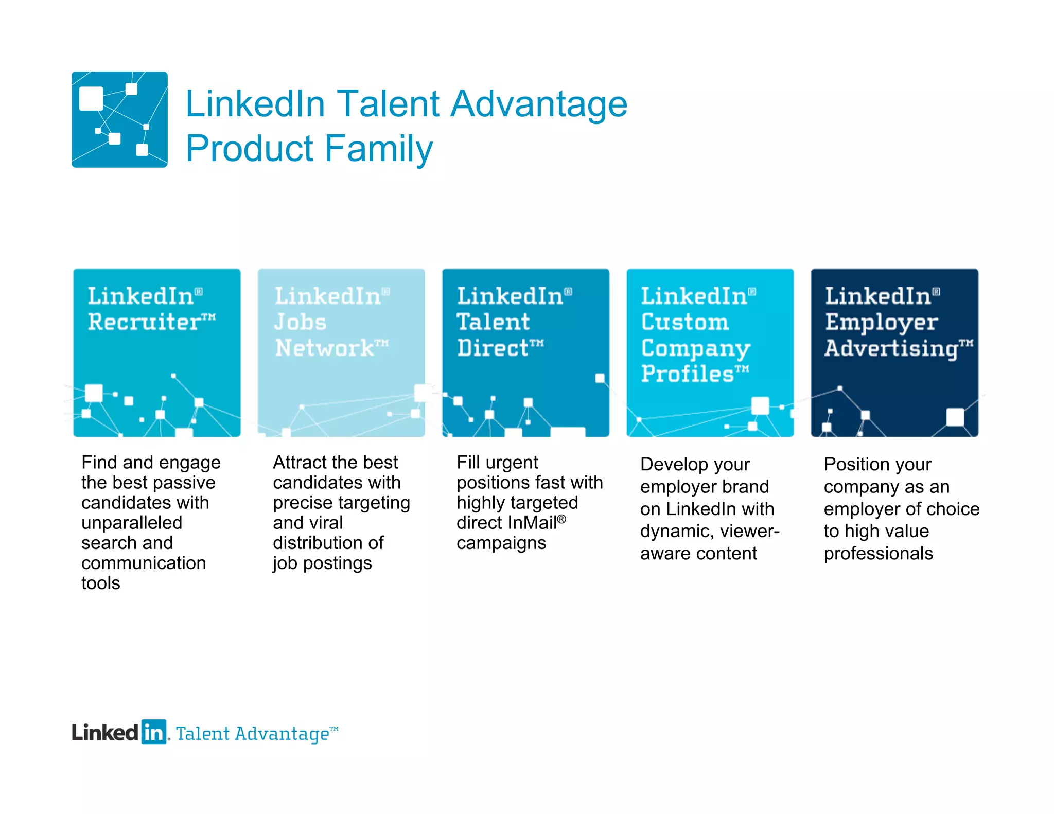 LinkedIn Talent Advantage
           Product Family




Find and engage    Attract the best    Fill urgent           Develop your       Position your
the best passive   candidates with     positions fast with   employer brand     company as an
candidates with    precise targeting   highly targeted       on LinkedIn with   employer of choice
unparalleled       and viral           direct InMail®        dynamic, viewer-   to high value
search and         distribution of     campaigns
                                                             aware content      professionals
communication      job postings
tools
 