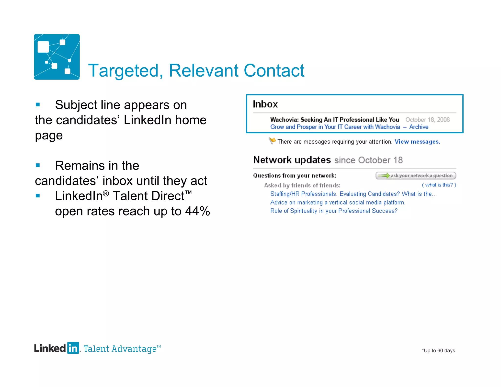Targeted, Relevant Contact
 Subject line appears on
the candidates’ LinkedIn home
page

 Remains in the
candidates’ inbox until they act
 LinkedIn® Talent Direct™
   open rates reach up to 44%




                                      *Up to 60 days
 