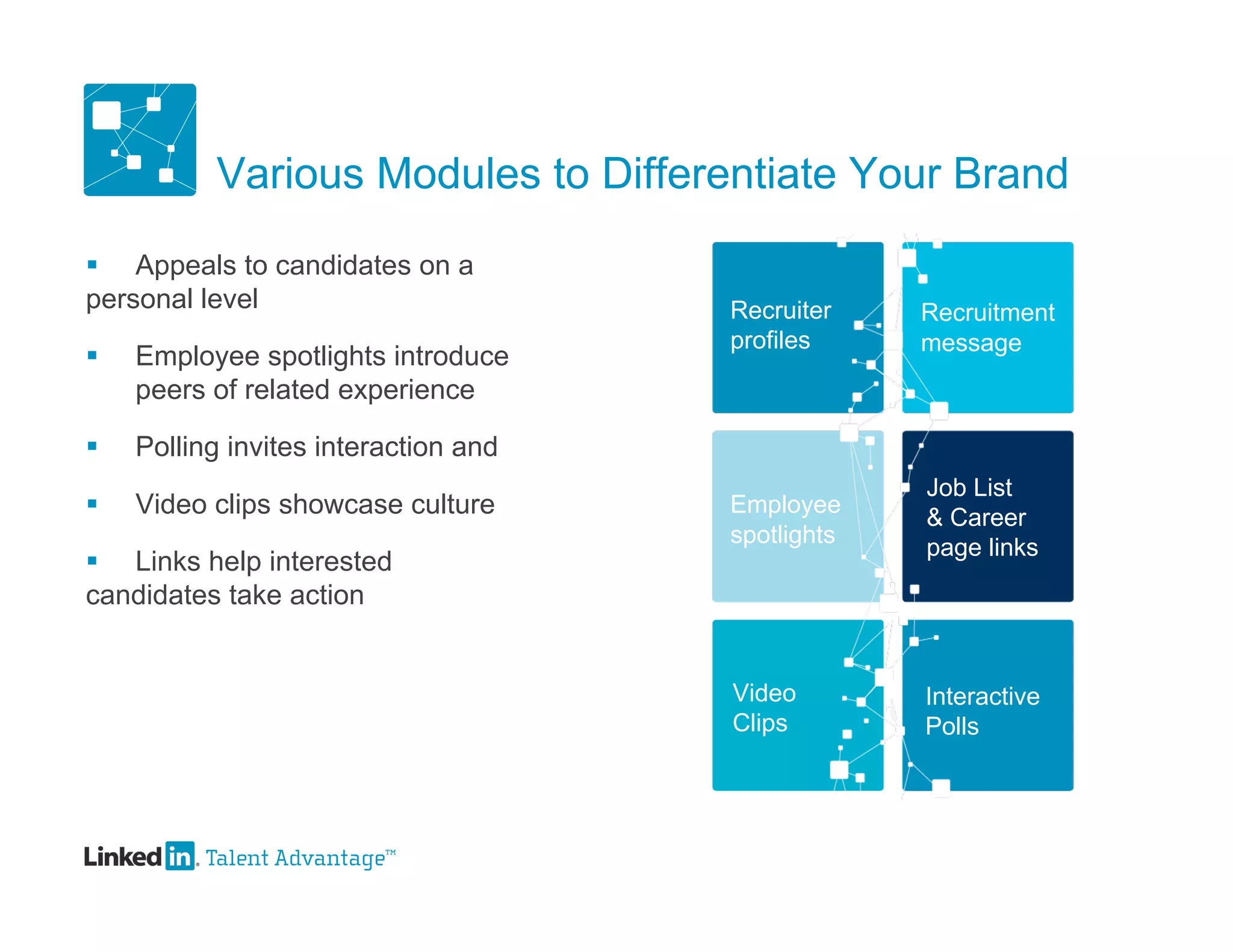 Various Modules to Differentiate Your Brand
 Appeals to candidates on a
personal level                        Recruiter    Recruitment
                                      profiles     message
   Employee spotlights introduce
    peers of related experience

   Polling invites interaction and
                                                   Job List
   Video clips showcase culture      Employee
                                                   & Career
                                      spotlights
                                                   page links
 Links help interested
candidates take action


                                      Video        Interactive
                                      Clips        Polls
 