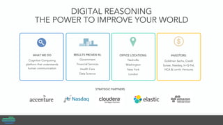 WHAT WE DO
Cognitive Computing
platform that understands
human communication
OFFICE LOCATIONS:
Nashville
Washington
New York
London
INVESTORS:
Goldman Sachs, Credit
Suisse, Nasdaq, In-Q-Tel,
HCA & Lemhi Ventures
RESULTS PROVEN IN:
Government
Financial Services
Health Care
Data Science
STRATEGIC PARTNERS
DIGITAL REASONING
THE POWER TO IMPROVE YOUR WORLD
 