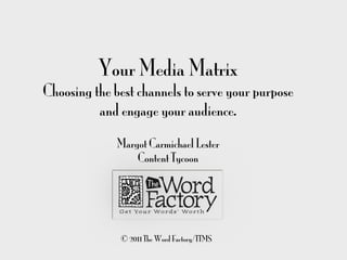 Your Media Matrix
Choosing the best channels to serve your purpose
          and engage your audience.
              Margot Carmichael Lester
                  Content Tycoon




              © 2011 The Word Factory/TTMS
 