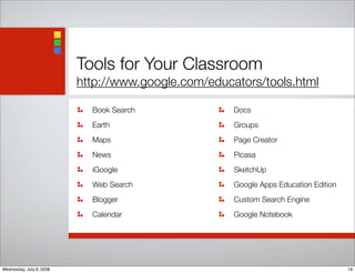 Tools for Your Classroom
http://www.google.com/educators/tools.html
Book Search
Earth
Maps
News
iGoogle
Web Search
Blogger
Calendar
Docs
Groups
Page Creator
Picasa
SketchUp
Google Apps Education Edition
Custom Search Engine
Google Notebook
19Wednesday, July 9, 2008
 