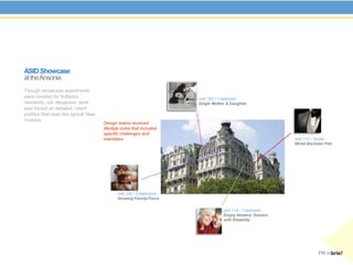 ASID Showcase
at the Ansonia
Though showcase apartments
were created for fictitious                                           Unit 12G / 1-bedroom
residents, our designers’ work                                        Single Mother & Daughter
was based on detailed ‘client’
profiles that read like typical New
Yorkers.
                                      Design teams received
                                      lifestyle notes that included
                                      specific challenges and
                                      mandates.                                                            Unit 11D / Studio
                                                                                                           Wired Bachelor Pad




                                             Unit 12E / 2-bedrooms
                                             Growing Family/Twins


                                                                                  Unit 11A / 1-bedroom
                                                                                  Empty Nesters/ Seniors
                                                                                  with Disability




                                                                                                                      PR inbrief
 