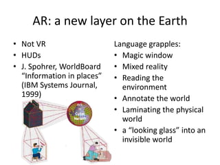 AR: a new layer on the Earth
• Not VR
• HUDs
• J. Spohrer, WorldBoard
“Information in places”
(IBM Systems Journal,
1999)
Language grapples:
• Magic window
• Mixed reality
• Reading the
environment
• Annotate the world
• Laminating the physical
world
• a “looking glass” into an
invisible world
 