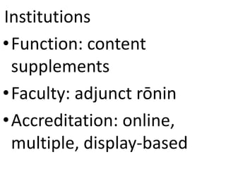 Institutions
•Function: content
supplements
•Faculty: adjunct rōnin
•Accreditation: online,
multiple, display-based
 