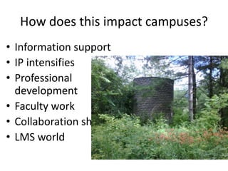 How does this impact campuses?
• Information support
• IP intensifies
• Professional
development
• Faculty work
• Collaboration shaping
• LMS world
 