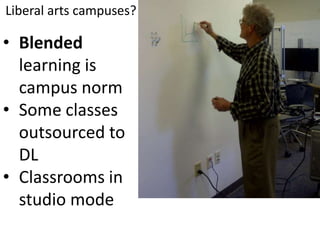 Liberal arts campuses?
• Blended
learning is
campus norm
• Some classes
outsourced to
DL
• Classrooms in
studio mode
 