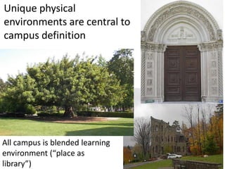 Unique physical
environments are central to
campus definition
All campus is blended learning
environment (“place as
library”)
 