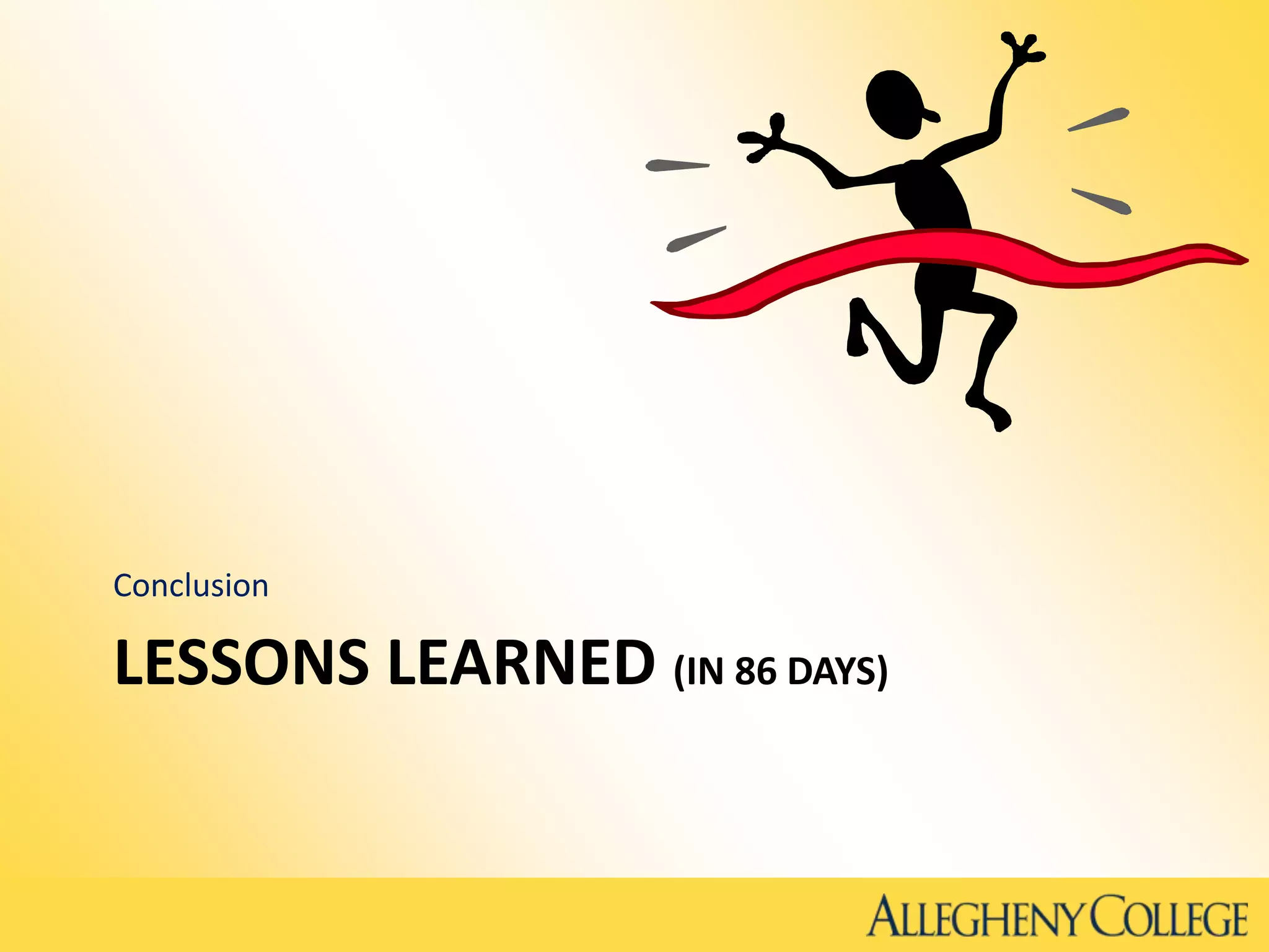 LESSONS LEARNED (IN 86 DAYS)
Conclusion
 